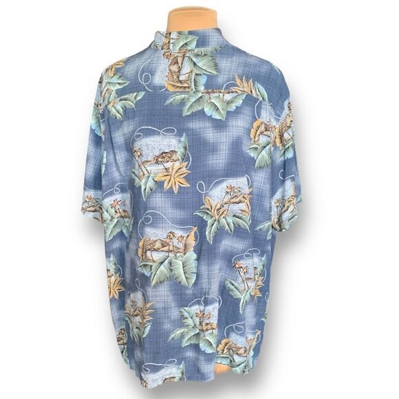 Vintage Rayon Shirt Blue Rayon Hawaiian Printed  Button Down Camp Collar Top - Picture 3 of 8